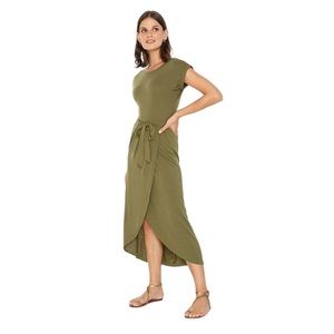 NEW! Midi Wrap Dress Long Casual Short Sleeve Crew Neck Army Green Size Medium